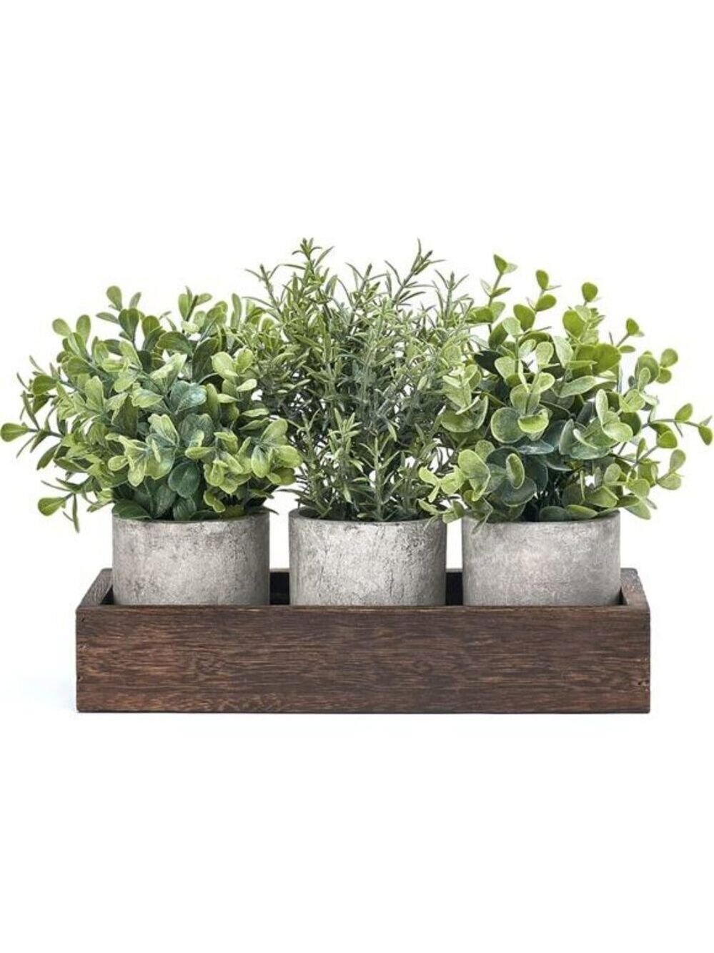 Set of 3 mini potted artificial eucalyptus plants with wood tray farmhouse decor